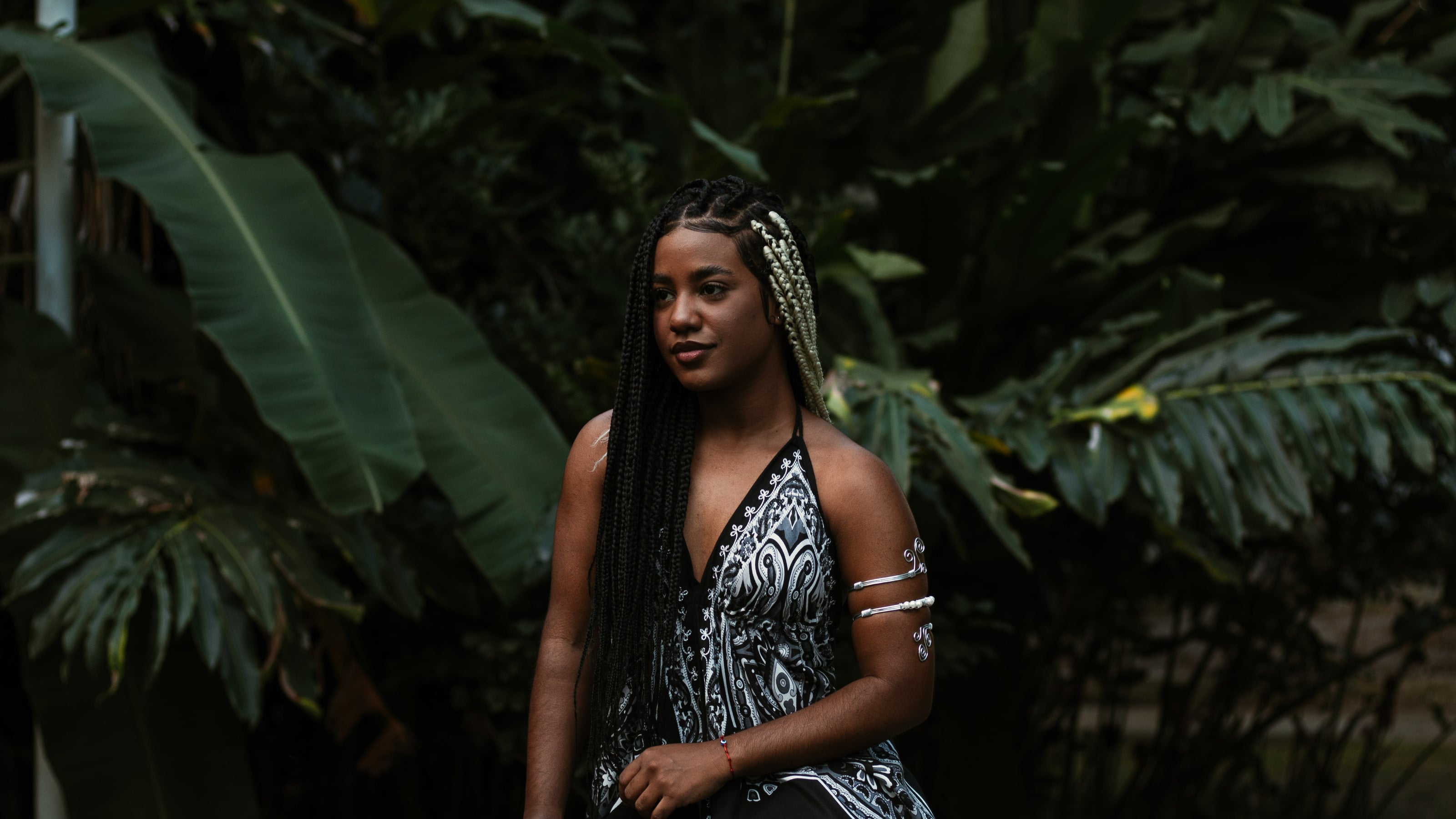 De vestido frente-única preto e branco entre folhagens, ensaio individual