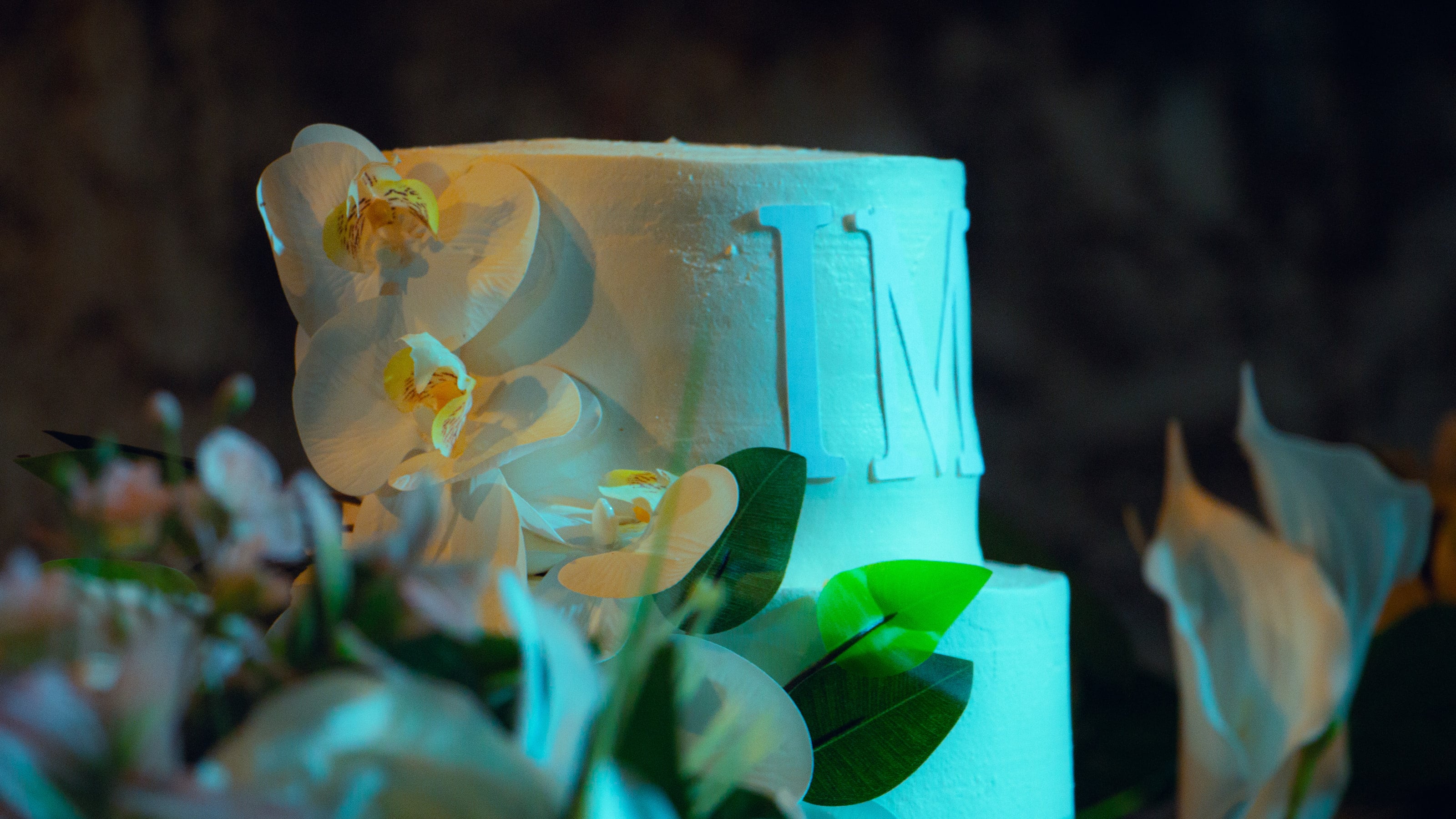 Bolo com orquídeas iluminado à noite, casamento de M & I