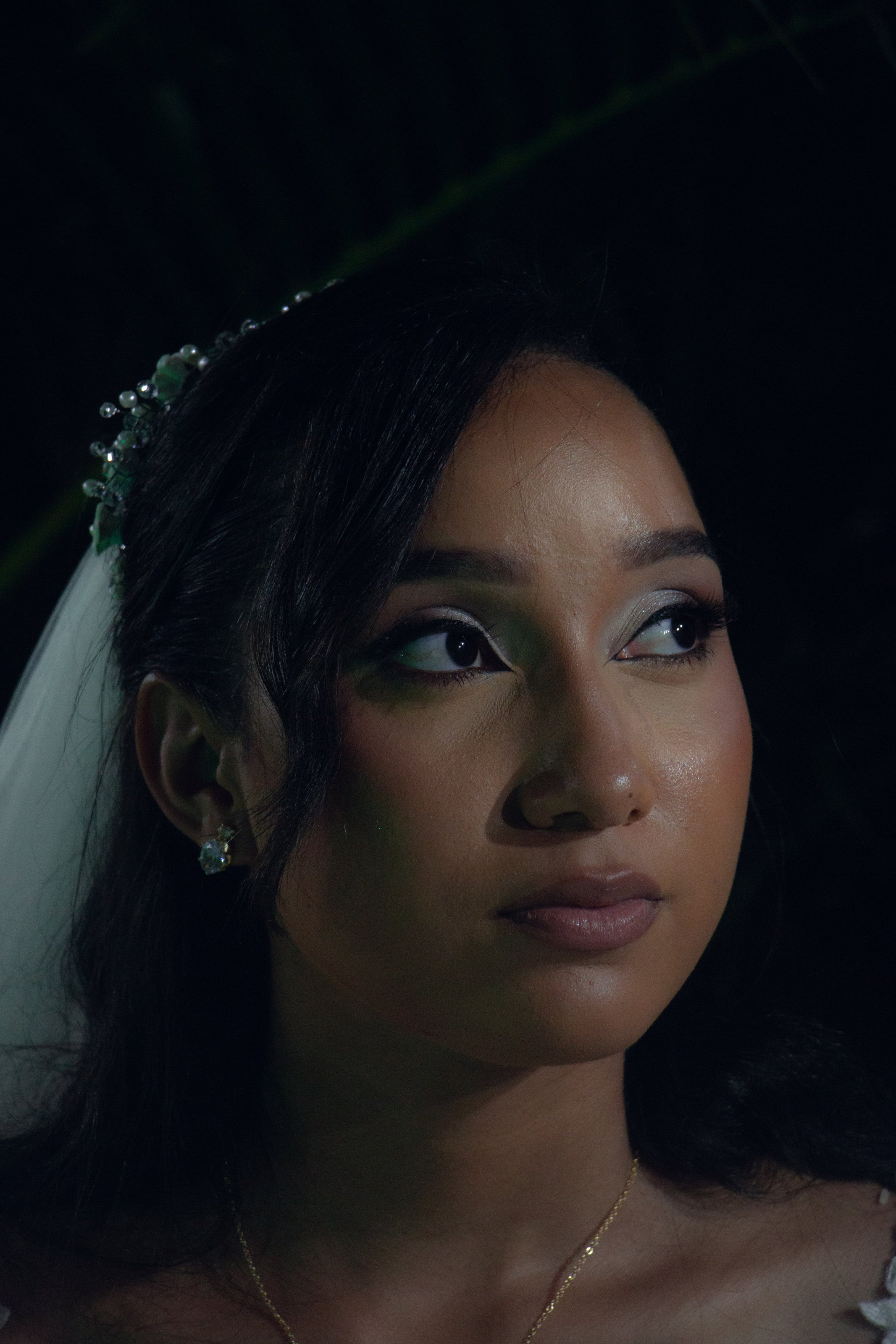 Retrato da noiva de perto, com o véu, casamento de M & I